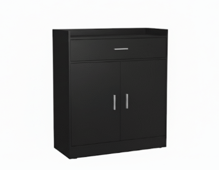 Moderne zwarte schoenenkast met lade en deuren in een hal