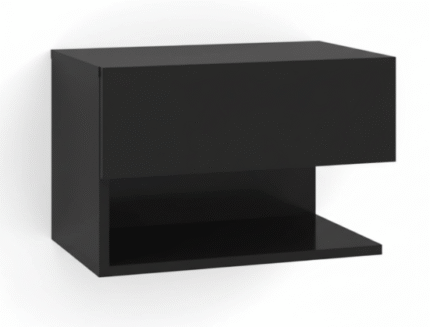 Zwart modern zwevend nachtkastje in hoogglans zwart aan de muur in een slaapkamer