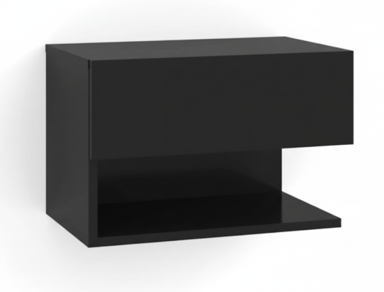 Zwart modern zwevend nachtkastje in hoogglans zwart aan de muur in een slaapkamer