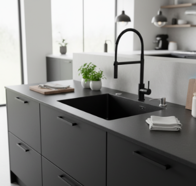 Zwart moderne vierkante spoelbak in mat zwart, ingebouwd in een keukenblad detail