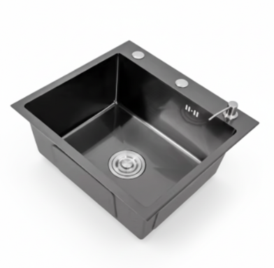 zwart moderne vierkante spoelbak in mat zwart, ingebouwd in een keukenblad